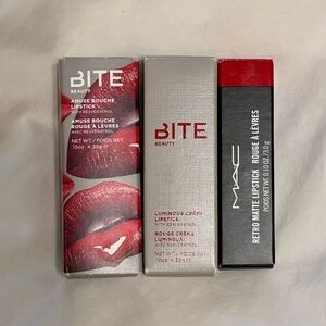Set of 3 Red & Pink Lipsticks- Bite Beauty & MAC (DISCONTINUED COLORS)